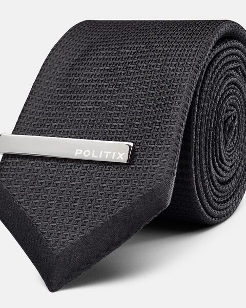 Silk Texture Panel Tie + Tie Pin, Black, hi-res